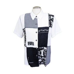 Koret Vintage Button Up Womens M White Black Embroidered Patchwork Short Sleeve